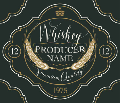 Vector label for whiskey in the figured frame with crown, ears of barley and handwritten inscription on black background in retro style