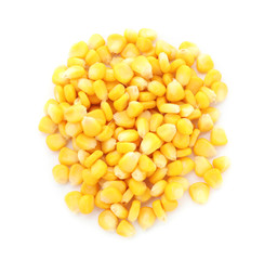 Pile of tasty corn kernels on white background