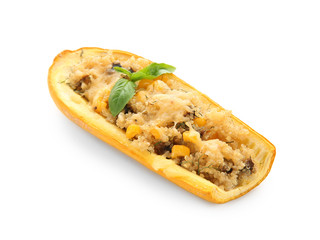 Quinoa stuffed zucchini boat on white background