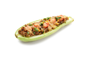 Meat stuffed zucchini boat on white background