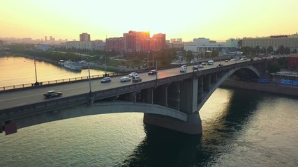 Aerial drone footage of the bridge traffic in Krasnoyarsk city
