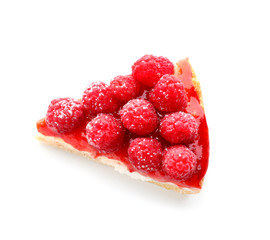Piece of delicious raspberry cheesecake on white background