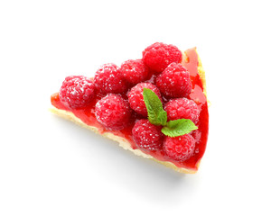 Piece of delicious raspberry cheesecake on white background