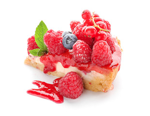 Piece of delicious raspberry cheesecake on white background