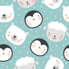 Animal Pattern, Penguin Sheep and Bear Seamless Background, Vector illustration
