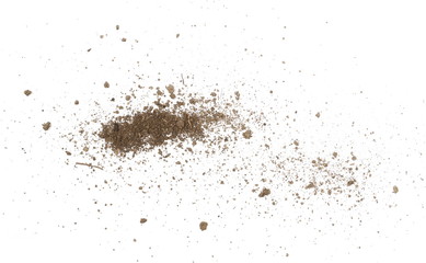 Dirt, soil dust pile isolated on white background, top view