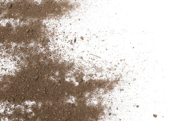 Dirt, soil dust pile isolated on white background, top view