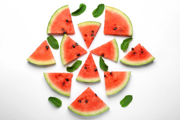 Composition with delicious sliced watermelon on white background