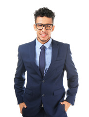 Handsome African-American businessman on white background