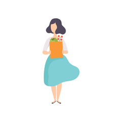 Young woman holding paper bag with vegetables, girl doing shopping at the grocery shop vector Illustration on a white background