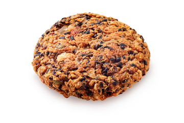 Vegan quinoa and bean burger made with beans, quinoa, nori algae, oats, smoked peppers and onions isolated on white background