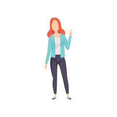 Young woman showing victory sign, success hand gesture, faceless girl character gesturing vector Illustration on a white background