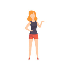 Young woman pointing forefinger at the side, get out or get away hand gesture, faceless girl character gesturing vector Illustration on a white background