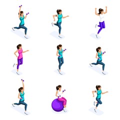 Fototapeta na wymiar Isometry of a girl doing sports, sports figure, gymnastics, fitness, a healthy lifestyle. Set of 3d characters