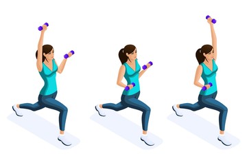 Isometry of a girl engaged in sports, lunges with dumbbells, gymnastics, beautiful girls with sports figures