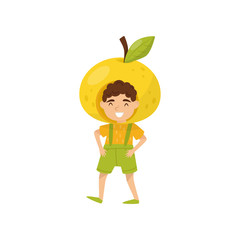 Cheerful little boy in apple headwear. Funny kid dressed as fruit. Preschool child with happy face. Flat vector design