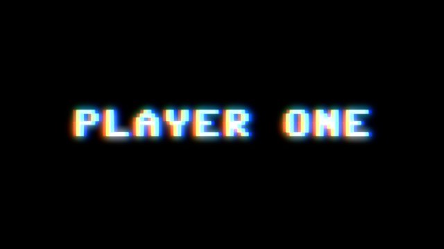 Text appearing on a retro vintage computer screen: player one. With a digital glitch artifact effect.
