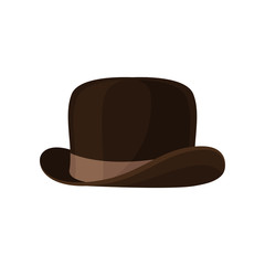 Elegant brown bowler hat. Vintage male headwear. Stylish men accessory. Isolated flat vector icon