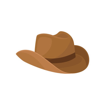 Brown wide-brimmed cowboy hat. Stylish men headwear. Element of costume. Fashion theme. Flat vector design