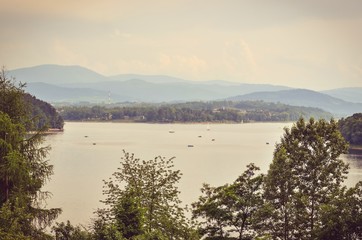 Beautiful autumnal landscape. A view of the Zywieckie lake in Poland.
