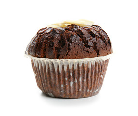 Sweet tasty chocolate muffin on white background