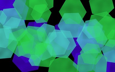 Multicolored translucent hexagons on dark background. Green tones. 3D illustration