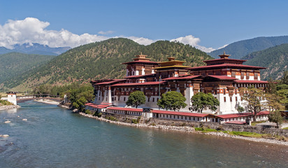 Fototapeta na wymiar Punakha Dzong - Bhutan. Magnificent view of Punakha Dzong Fortress known as the Queen of Dzongs