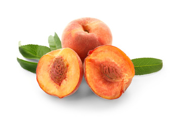 Fresh peaches on white background
