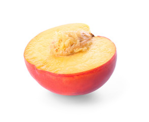 Half of fresh peach on white background
