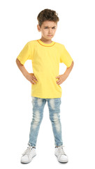 Angry little boy on white background