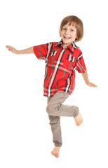 Positive little boy on white background