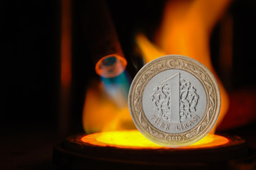 1 Turkish lira melting scene