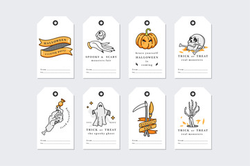 Vector illustration set of linear icons for Happy Halloween. Happy Halloween gift tags on white background.