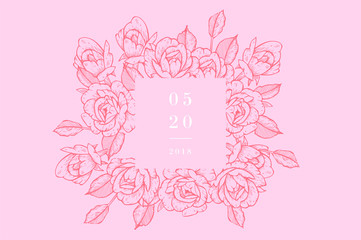 Vintage card with rose flowers. Floral wreath. Flower frame for wedding invitation. Summer floral rose greeting card. Flowers background.