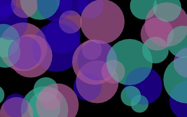 Multicolored translucent circles on a dark background. Green tones. 3D illustration