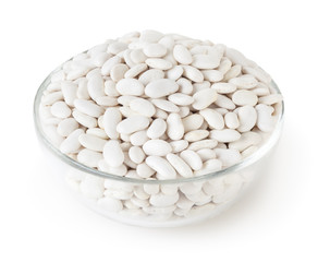 White beans in glass bowl isolated on white background with clipping path