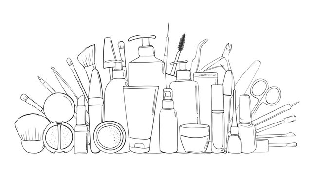 Beauty blog or makeup store hat. Beauty salon and make-up produkts. Drawing hands