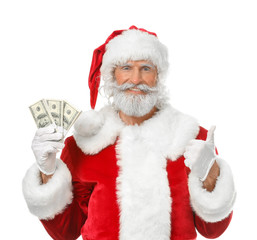 Santa Claus with dollar banknotes on white background
