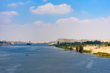 Cargo ship passing Suez Canal, Egypt