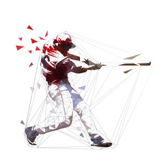 Baseball player in red jersey swinging with bat, isolated polygonal vector illustration