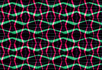 3d rendering. seamless modern overlay pink and green zig zag pattern on dark wall background.