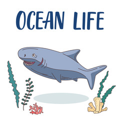 Ocean shark cartoon illustration with seaweeds and corals around.