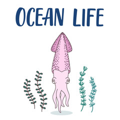 Cute squid cartoon illustration with seaweeds around.