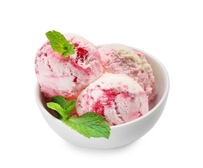 Bowl with delicious strawberry ice-cream on white background