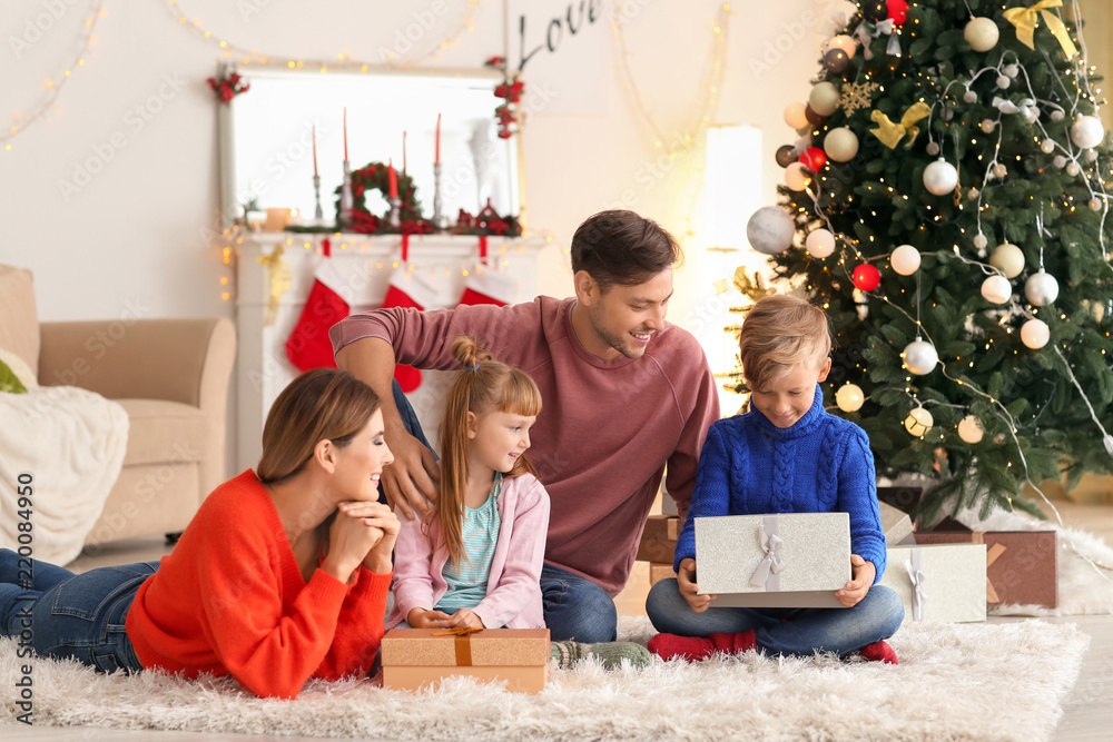 Sticker Happy family with Christmas gifts at home