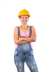 Young happy Woman as a construction worker with a helmet  - Craftsman woman - isolated on white
