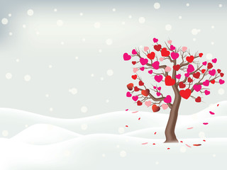 Tree of heart shape leaves on snow scene. Concept of love for valentine day. 
