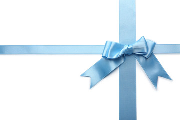 Blue ribbons with bow on white background