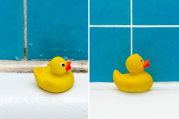 before and after renovate concept, a duck toy in bathroom closeup