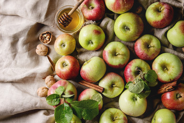 Ripe organic gardening green red apples with leaves, walnuts, cinnamon and jar of honey over linen cloth as background. Flat lay, space. Autumn harvest.